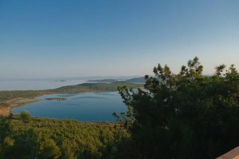 Coastal landscape with pine trees overlooking calm water and distant islands Stock-Fotos
