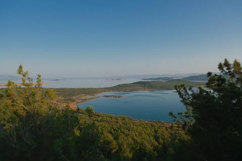 Coastal landscape with pine trees overlooking calm water and distant islands Stock Photos