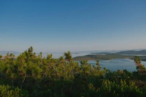 Coastal landscape with pine trees overlooking calm water and distant islands Stock-Fotos