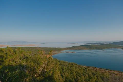 Coastal landscape with pine trees overlooking calm water and distant islands Stock Photos