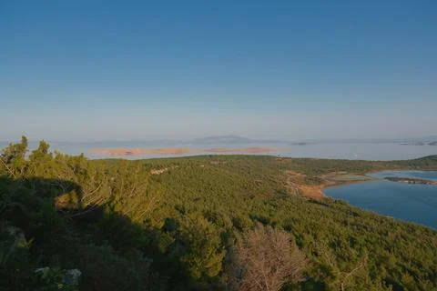Coastal landscape with pine trees overlooking calm water and distant islands Stock-Fotos