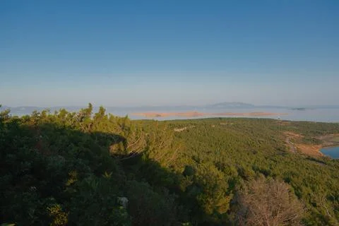 Coastal landscape with pine trees overlooking calm water and distant islands Stock-Fotos