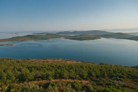 Coastal landscape with pine trees overlooking calm water and distant islands Stock-Fotos