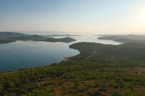 Coastal landscape with pine trees overlooking calm water and distant islands Stock-Fotos