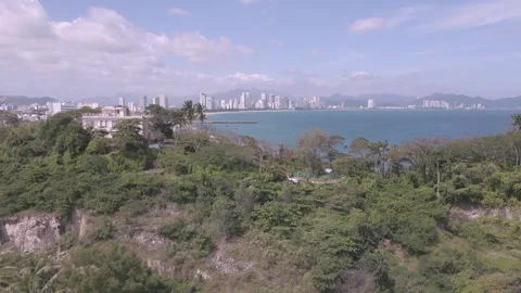 Coastal landscape showcasing lush greenery and city skyline during daytime Stock Footage 308246772