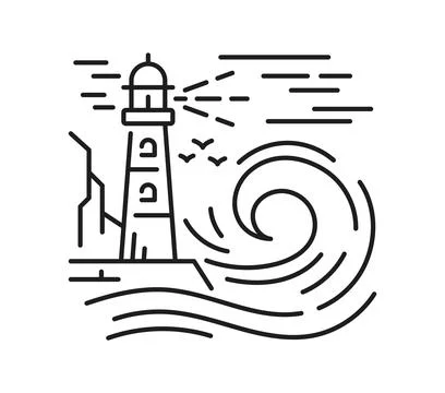 Coastal lighthouse landscape thin line icon Stock Illustration