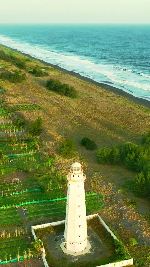 Coastal lighthouse overlooking long beach and ocean Stock Footage 335432478