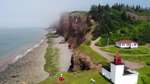Coastal Lighthouse with Red Cliffs, and Canada. Video stock 305862636