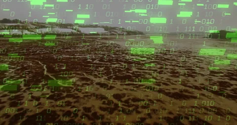 Coastal mudflat being rendered in 3D panorama, with glitchy green binary code Stock Footage 307885954