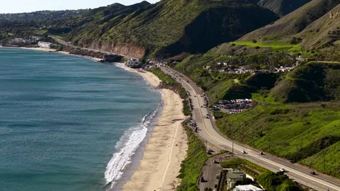 Coastal Ocean View Malibu' Lush Green Hills and PCH Road, Southern California Stock Footage 337589846
