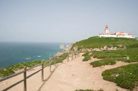 Coastal Path and Lighthouse View at Cabo da Roca, Portugal Stock Photos