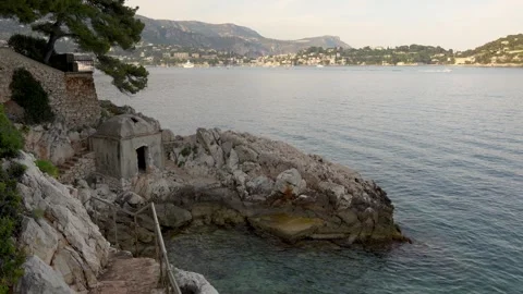 Coastal Path Old Stone Fort in French Riviera Cote d'Azur Sunset Rocky Trai.. Stock Footage 314027385