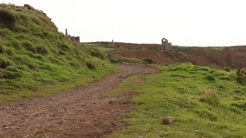 Coastal path showing Cornish tin mines Stock Footage 277531683