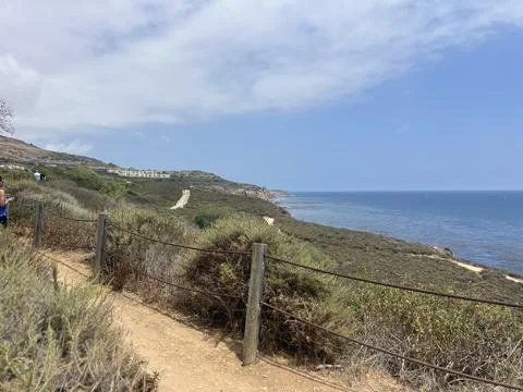 Coastal Path Winds Through Lush Greenery Beside a Sparkling Ocean View Stock-Fotos