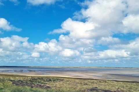 Coastal Serenity: Tranquil Beach with Expansive Clouds and Clear Blue Sky Stock Photos