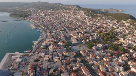 Coastal Setting and Urban Layout of Argostoli, Kefalonia, Greece, High Angle Stock Footage 303141389