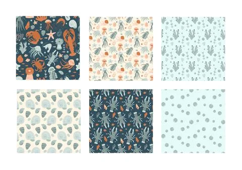 Coastal summer seamless patterns collection. Lobster underwater animals aop 스톡 일러스트