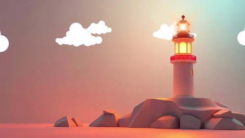 Coastal Sunset Lighthouse: Warm Orange and Yellow Light Bathes a Rocky Outcrop Stock Footage 317967583