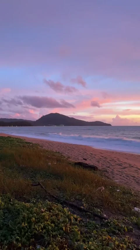 Coastal Sunset View with Mountain and Ocean Waves Stock Footage 342267139