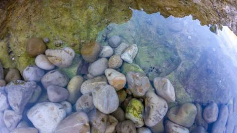Coastal tide pool with smooth pebbles beneath clear water Stock Photos