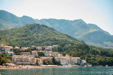Coastal Town with Mountain Backdrop Stock Photos