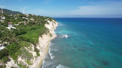 Coastal town on white cliffs above the ocean, aerial view Stock Footage 278369973