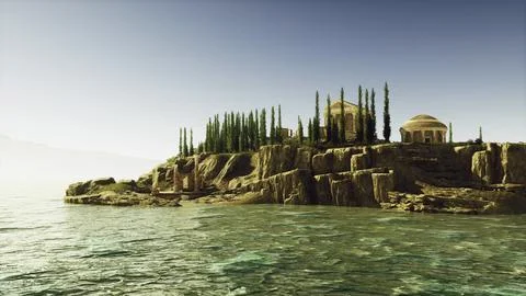 Coastal view of ancient ruins surrounded by cypress trees at sunset Stock Illustration
