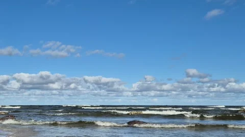 Coastal Waves Breaking Over Baltic Rocks — Clear Sky &amp; Natural Sound Stock Footage 321416589