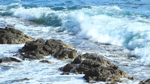 Coastal Waves Breaking On Rocks, Dramatic coastal seascape Stock Footage 102051338