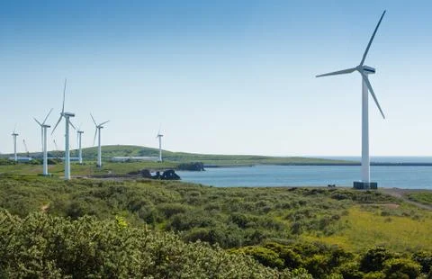Coastal wind farm Stock Photos