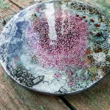 Coaster handmade with a flowering tree Stock Photos