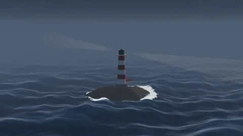 Coaster passing a lighthouse at dusk aerial lighthouse dusk overhead aerial Stockbeeldmateriaal 343620330
