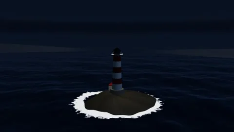 Coaster passing a lighthouse at dusk aerial harbour at night wide aerial loo 스톡 동영상 343628393