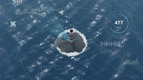 Coaster passing a lighthouse at dusk aerial cold front tracking shot loop Stock Footage 343628448