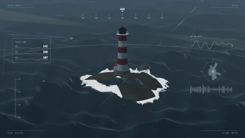 Coaster passing a lighthouse at dusk aerial storm at the light cinematic aer Видео 343628592