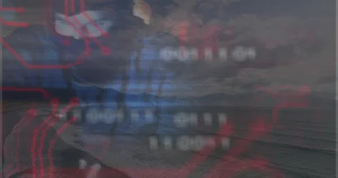 Coastline causing red binary circuits fading revealing masked figure aiming gun Stock Footage 311216705