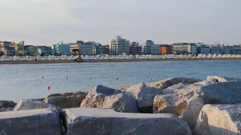 The coastline of an empty beach in Italy during beautiful summer sunset. Stock Footage 157374587