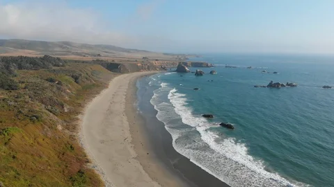 Coastline slowly pull out reveal road underneath trees water waves Stock Footage 106403973
