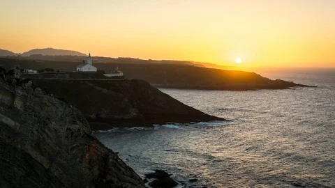 Coastline Sunset at a cliff with a lightouse Stock Footage