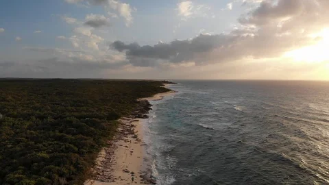 Coastline Sunset Drone Shot - Malcolm Beach - Turks and Caicos, 4K Stock Footage