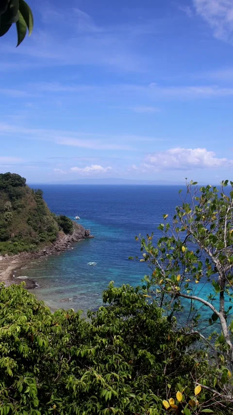 A coastline view with lush foliage overlooking the vibrant glittering blue sea Video stock 332596715