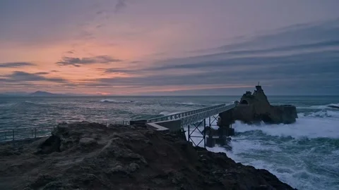 Coastline view of the Virgin Rock at sunset,  Biarritz Stock Footage 248348892