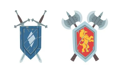 Coat of Arms on Escutcheon or Shield with Crossed Ax and Sword Vector Stock Illustration