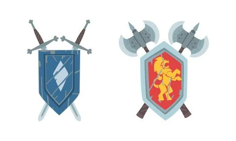 Coat of Arms on Escutcheon or Shield with Crossed Ax and Sword Vector Stock Illustration
