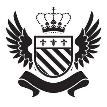 Coat of arms - shield with crown, fleur-de-lis, two wings at the sides. Stock Illustration