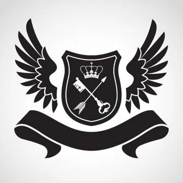 Coat of arms - shield with crown, key and arrow, two wings at sides. Stock Illustration