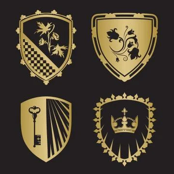 Coat of arms - shield with crown, key, flowers. Illustrazione stock