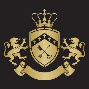 Coat of arms - shield with crown, key and arrow, two standing lions at sides Stock Illustration