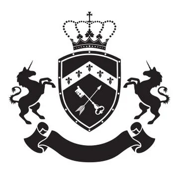 Coat of arms - shield with crown, key and arrow, two standing unicorns at sid Stock Illustration