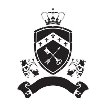 Coat of arms - shield with crown, key and arrow, flowers at sides Stock Illustration